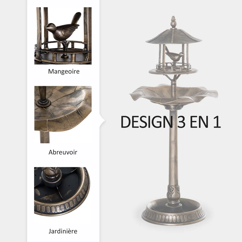 Bain d'oiseaux trois en un jardinière abreuvoir 50 x 113 cm stable résistant rustique en polypropylène bronze antique 21_0003923