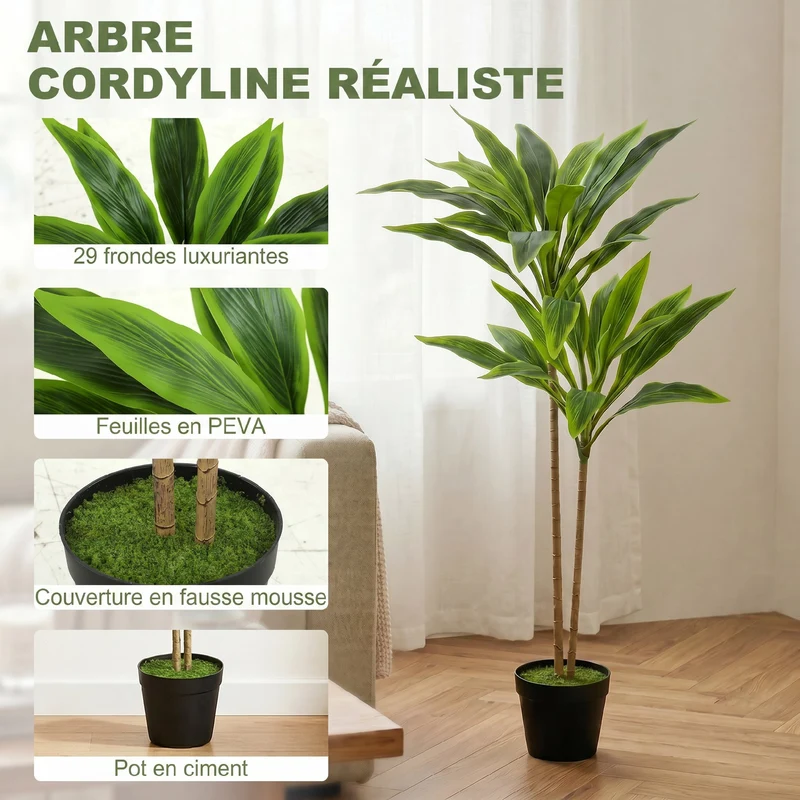 Arbre artificiel cordyline salon 13 x 90 cm sans entretien pot lesté stable ambiance scandinave tendance en peva vert 21_0003725