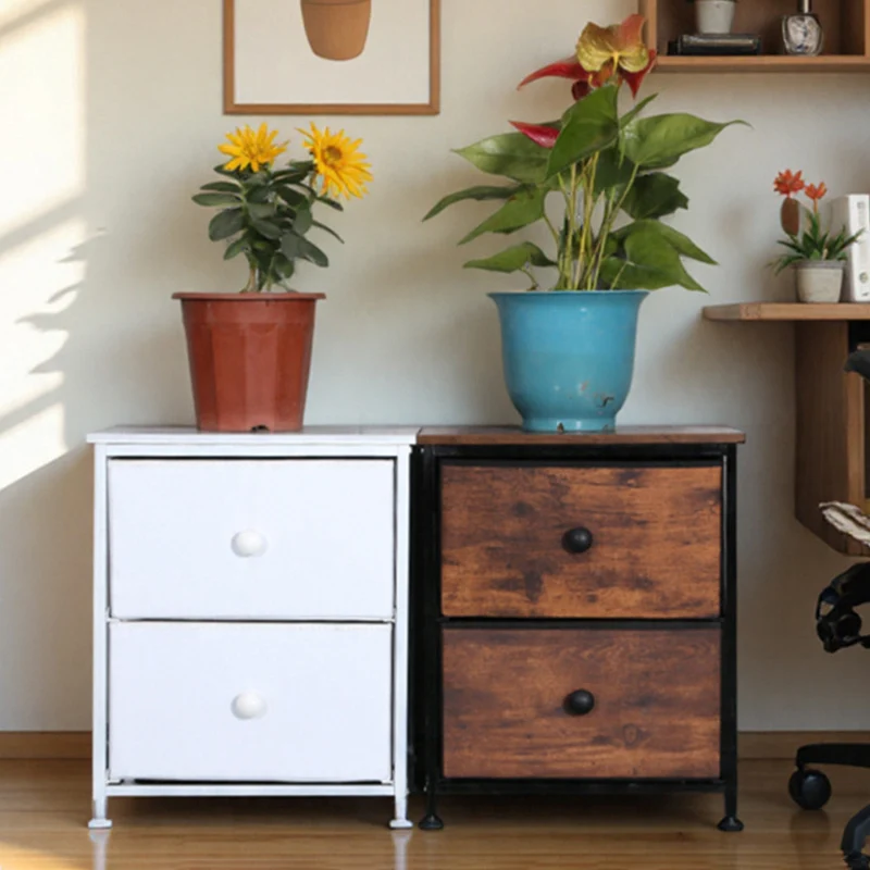 Traditional Vintage Nonwoven Fabric Iron Wood Board Square Storage Cabinet With 2 Drawers For Living Room