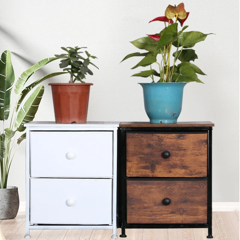 Traditional Vintage Nonwoven Fabric Iron Wood Board Square Storage Cabinet With 2 Drawers For Living Room