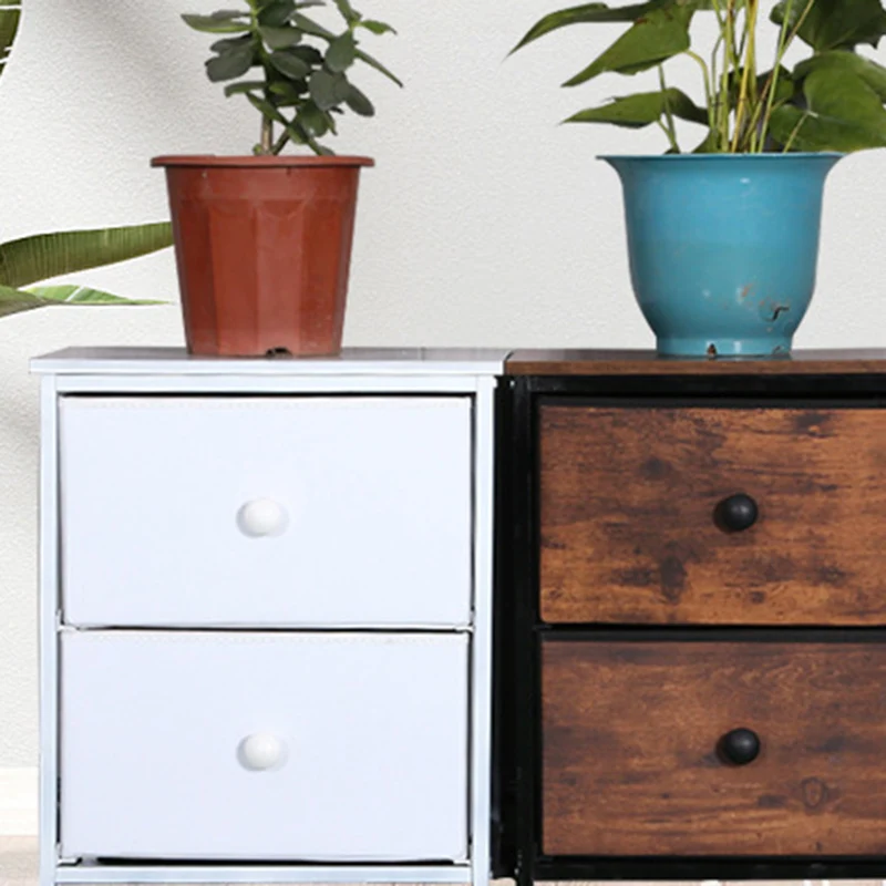 Traditional Vintage Nonwoven Fabric Iron Wood Board Square Storage Cabinet With 2 Drawers For Living Room