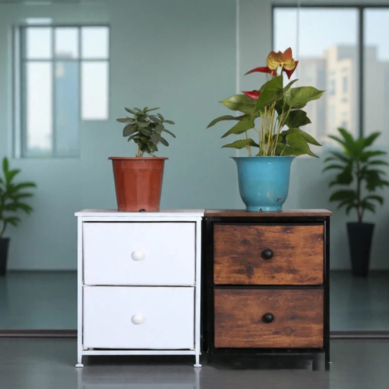 Traditional Vintage Nonwoven Fabric Iron Wood Board Square Storage Cabinet With 2 Drawers For Living Room
