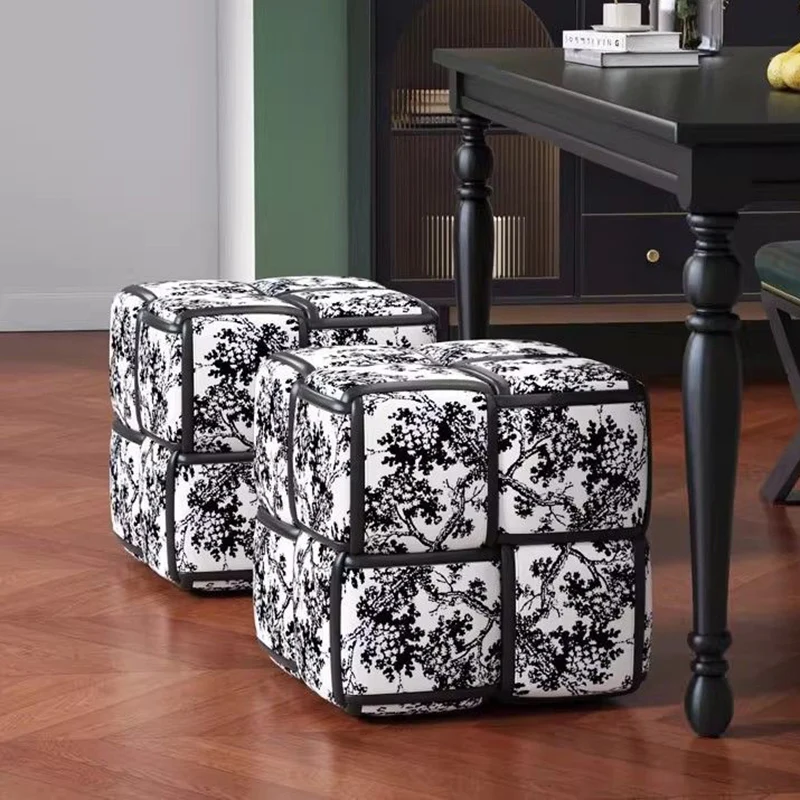 Modern Minimalist Square Wood Flannelette Faux Leather Sponge Low Stool Backless Armless For Living Room