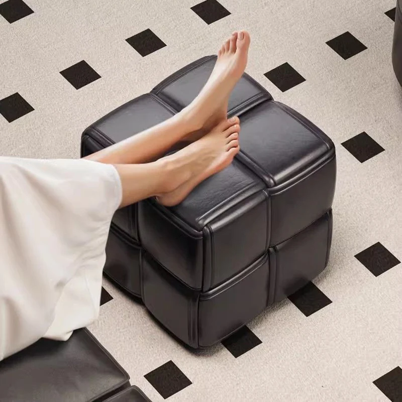 Modern Minimalist Square Wood Flannelette Faux Leather Sponge Low Stool Backless Armless For Living Room
