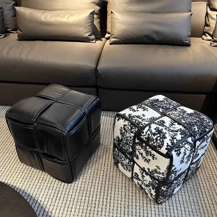Modern Minimalist Square Wood Flannelette Faux Leather Sponge Low Stool Backless Armless For Living Room