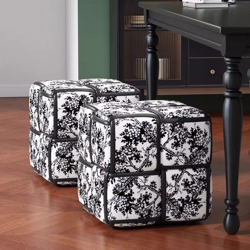 Modern Minimalist Square Wood Flannelette Faux Leather Sponge Low Stool Backless Armless For Living Room