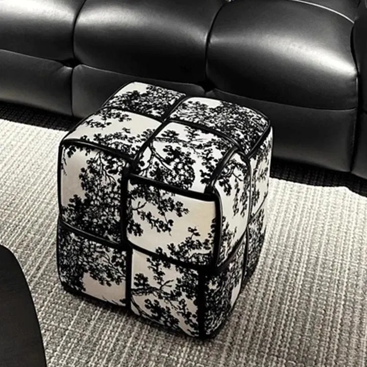 Modern Minimalist Square Wood Flannelette Faux Leather Sponge Low Stool Backless Armless For Living Room