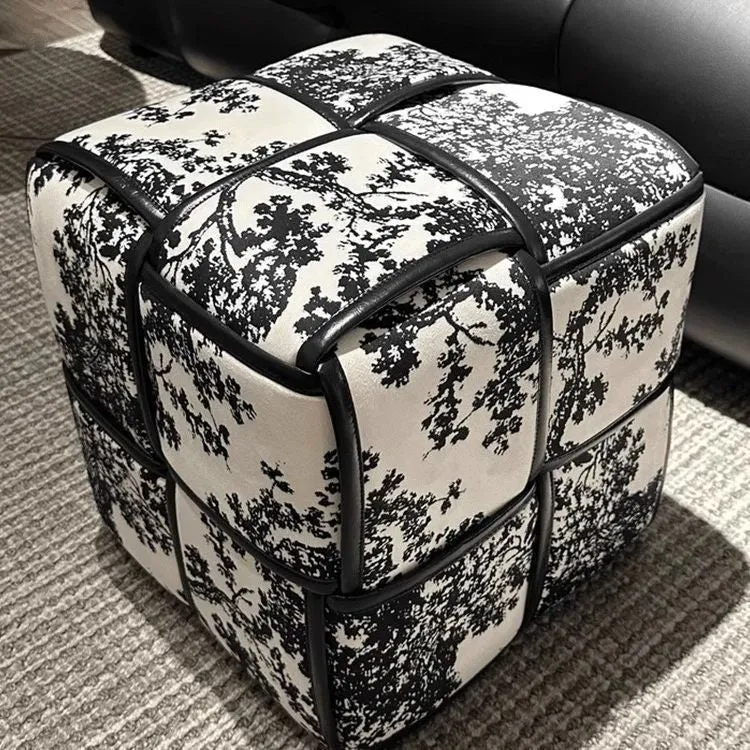 Modern Minimalist Square Wood Flannelette Faux Leather Sponge Low Stool Backless Armless For Living Room