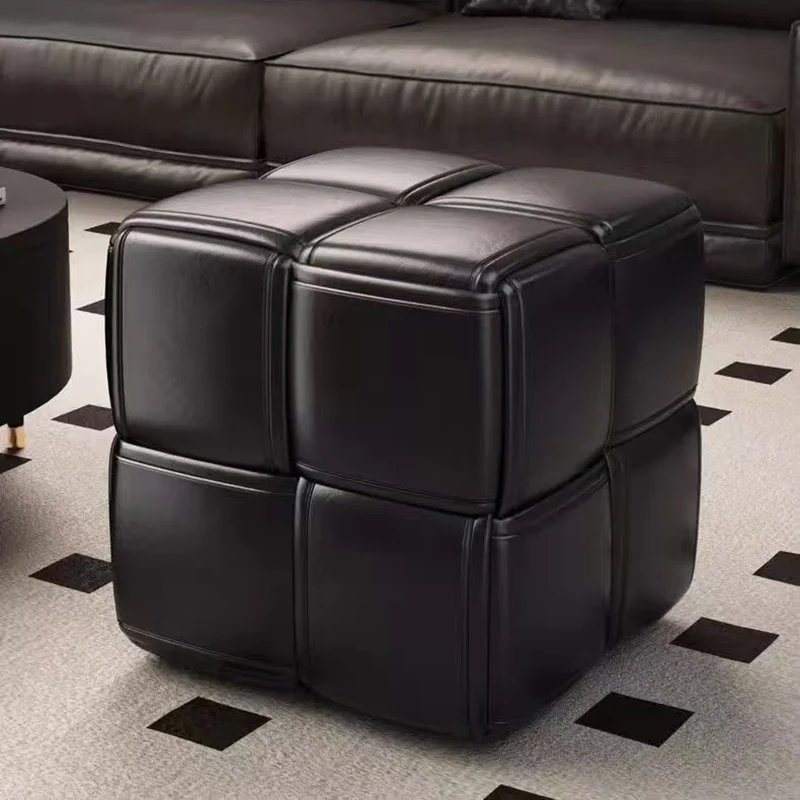 Modern Minimalist Square Wood Flannelette Faux Leather Sponge Low Stool Backless Armless For Living Room