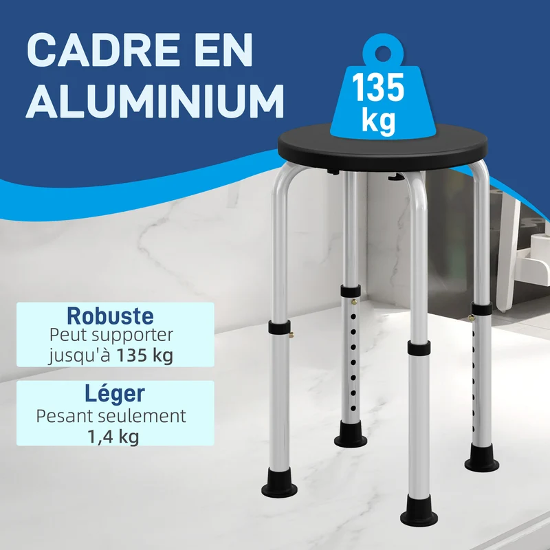 Tabouret de douche 32,5 x 32,5 x 35,5-54 cm assise ergonomique antidérapant réglable moderne épuré en aluminium gris 21_0000904