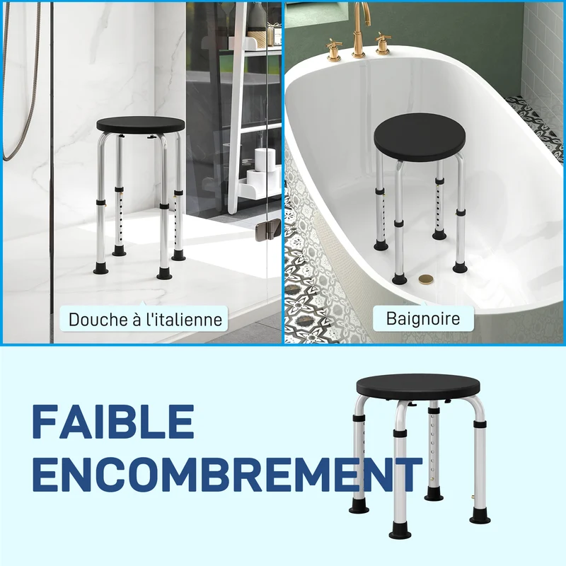 Tabouret de douche 32,5 x 32,5 x 35,5-54 cm assise ergonomique antidérapant réglable moderne épuré en aluminium gris 21_0000904