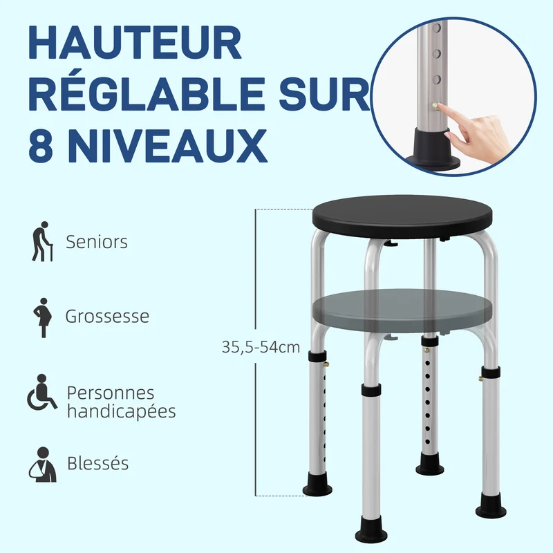 Tabouret de douche 32,5 x 32,5 x 35,5-54 cm assise ergonomique antidérapant réglable moderne épuré en aluminium gris 21_0000904