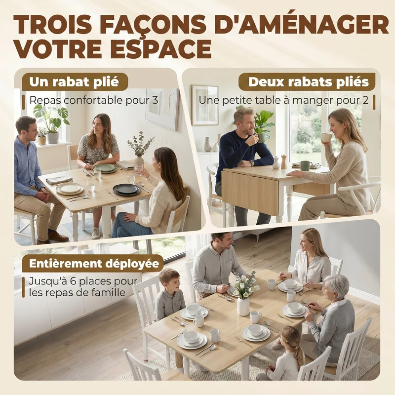 Table à manger pliante 2 à 6 personnes 134 x 80 x 75 cm gain de place extensible pratique scandinave en MDF bois naturel 21_0003351