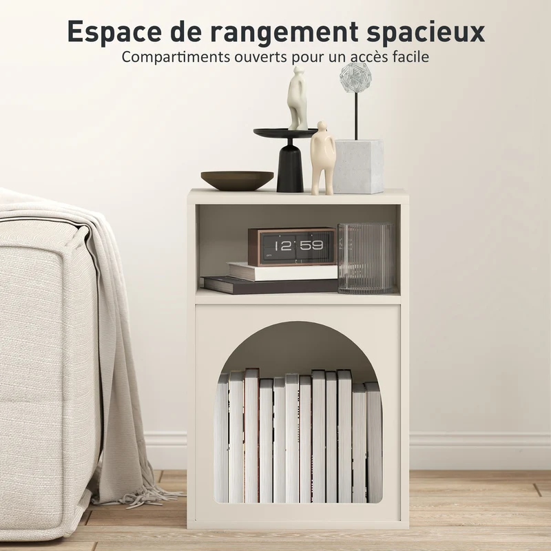 Table de chevet arqué 40 x 30 x 60 cm rangement deux compartiments gain de place moderne épuré montage en MDF crème 21_0003735