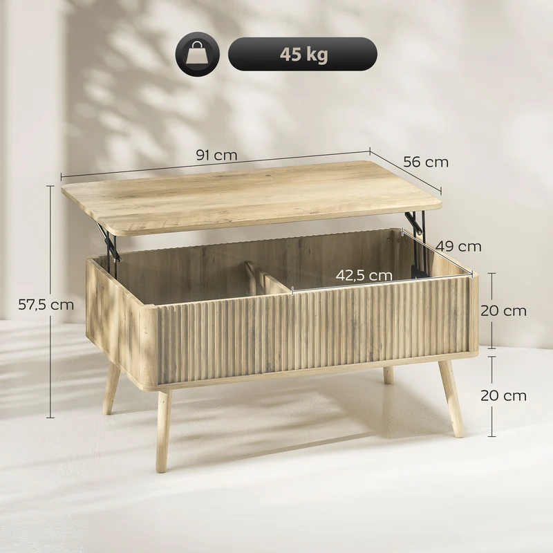 Table basse relevable salon 91 x 56 x 43 cm 2 compartiments cachés plateau ajustable scandinave moderne en MDF chêne 21_0003570