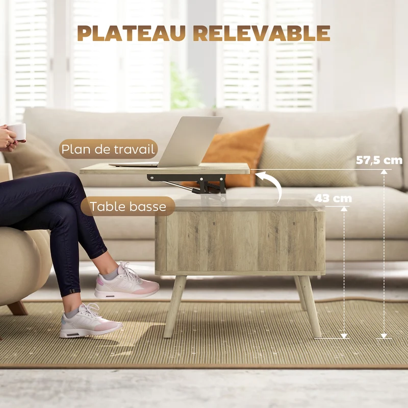 Table basse relevable salon 91 x 56 x 43 cm 2 compartiments cachés plateau ajustable scandinave moderne en MDF chêne 21_0003570