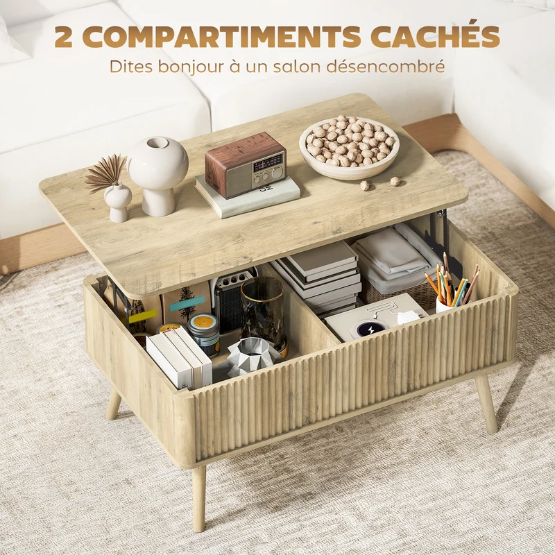 Table basse relevable salon 91 x 56 x 43 cm 2 compartiments cachés plateau ajustable scandinave moderne en MDF chêne 21_0003570