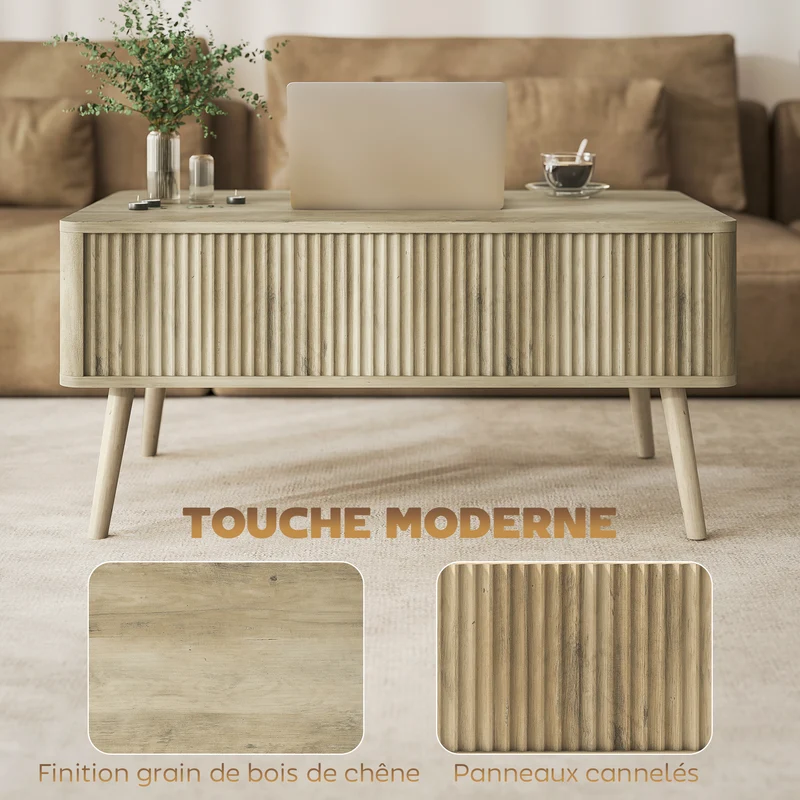 Table basse relevable salon 91 x 56 x 43 cm 2 compartiments cachés plateau ajustable scandinave moderne en MDF chêne 21_0003570