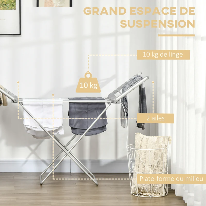 Séchoir à linge électrique 144 x 53 x 91 cm séchage rapide pliable moderne minimaliste intérieur en aluminium argent 21_0005809