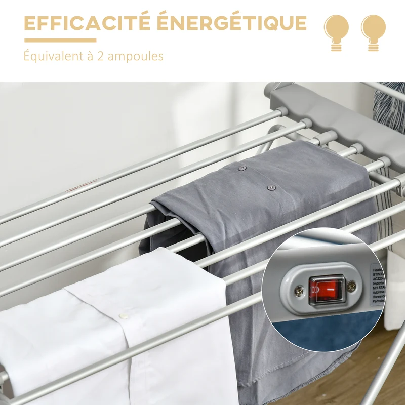 Séchoir à linge électrique 144 x 53 x 91 cm séchage rapide pliable moderne minimaliste intérieur en aluminium argent 21_0005809