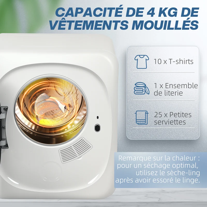Sèche-linge à évacuation salle de bain 48 x 40 x 56 cm 4 kg 5 modes anti-plis moderne épuré en acier inoxydable blanc 21_0007095