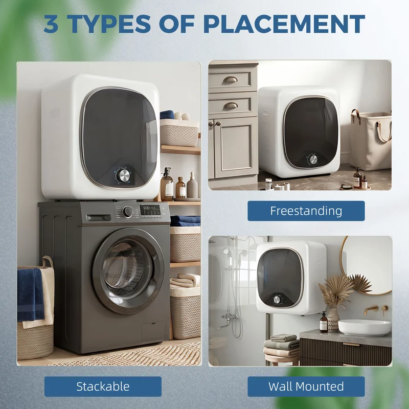 Sèche-linge à évacuation salle de bain 48 x 40 x 56 cm 4 kg 5 modes anti-plis moderne épuré en acier inoxydable blanc 21_0007095