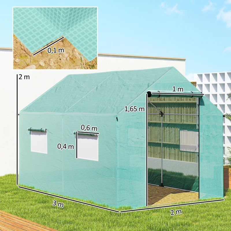 Serre tunnel de jardin 300 x 200 x 200 cm porte et 4 fenêtres enroulables avec grilles moderne en polyéthylène vert 21_0005442