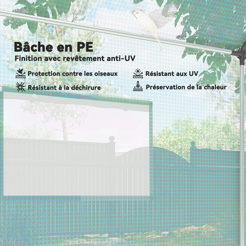 Serre tunnel de jardin 300 x 200 x 200 cm porte et 4 fenêtres enroulables avec grilles moderne en polyéthylène vert 21_0005442