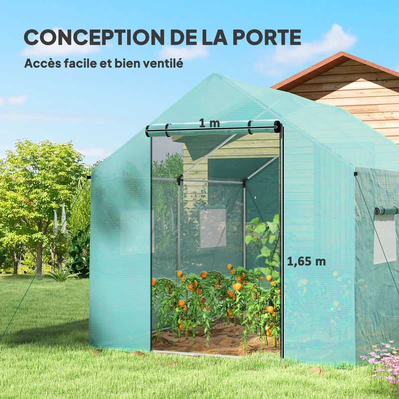Serre tunnel de jardin 300 x 200 x 200 cm porte et 4 fenêtres enroulables avec grilles moderne en polyéthylène vert 21_0005442