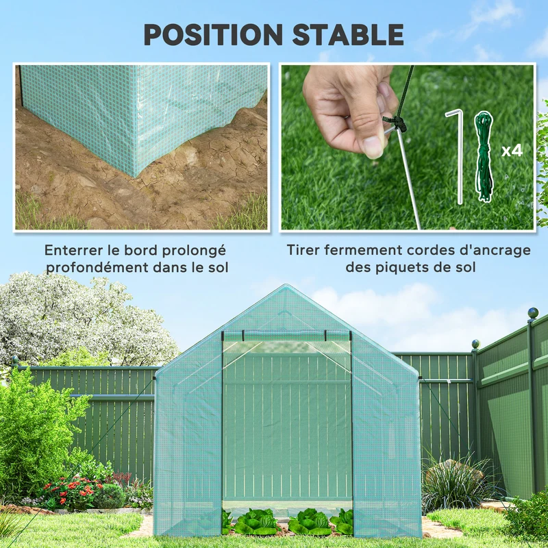 Serre tunnel de jardin 300 x 200 x 200 cm porte et 4 fenêtres enroulables avec grilles moderne en polyéthylène vert 21_0005442