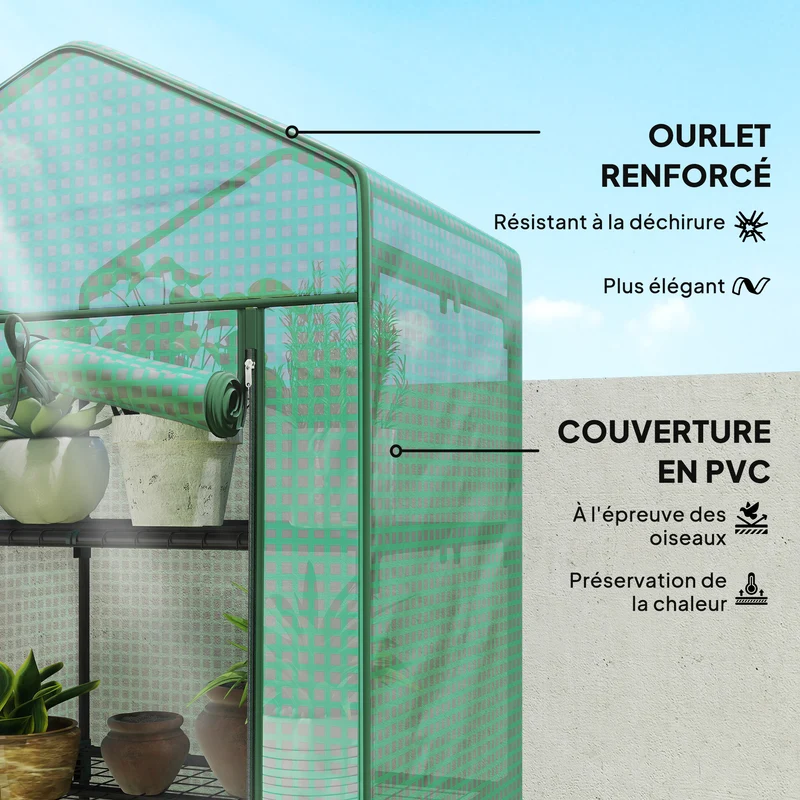 Serre de jardin étagère 5 niveaux 69 x 49 x 193 cm protège pluie vent insectes porte zippée contemporain en acier vert 21_0004166