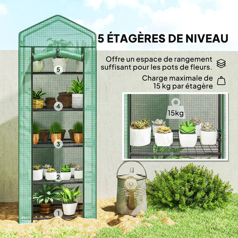 Serre de jardin étagère 5 niveaux 69 x 49 x 193 cm protège pluie vent insectes porte zippée contemporain en acier vert 21_0004166
