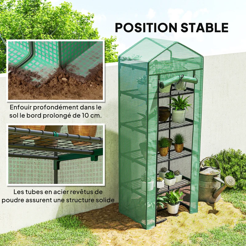 Serre de jardin étagère 5 niveaux 69 x 49 x 193 cm protège pluie vent insectes porte zippée contemporain en acier vert 21_0004166
