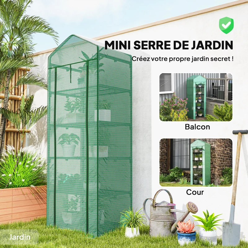 Serre de jardin étagère 5 niveaux 69 x 49 x 193 cm protège pluie vent insectes porte zippée contemporain en acier vert 21_0004166