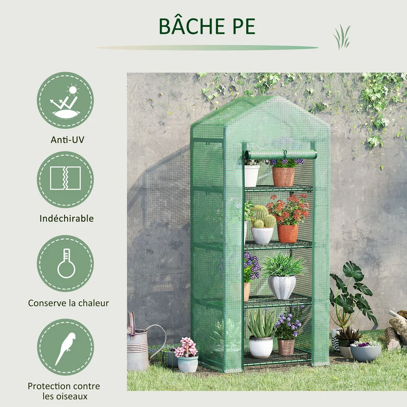 Serre de jardin balcon 70 x 50 x 160 cm protection intempéries insectes 4 étagères porte zippée moderne en PVC vert 21_0004095