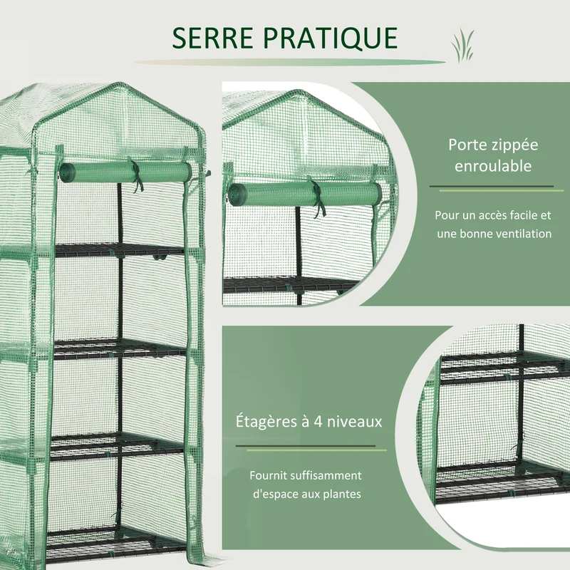 Serre de jardin balcon 70 x 50 x 160 cm protection intempéries insectes 4 étagères porte zippée moderne en PVC vert 21_0004095