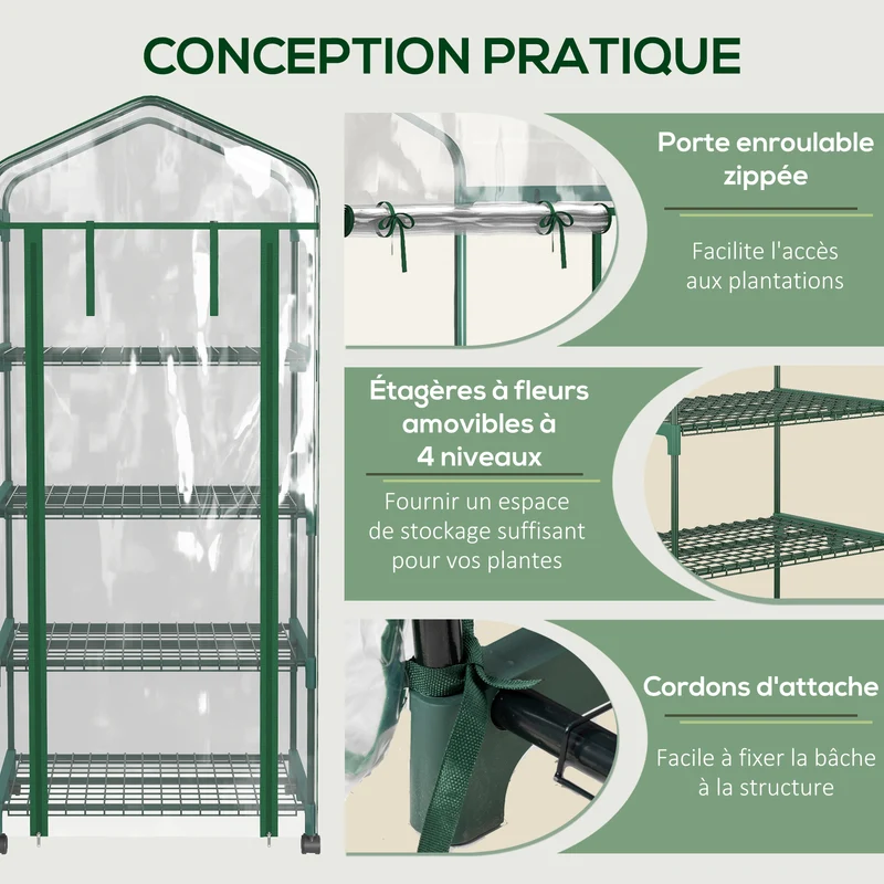 Serre de balcon 69 x 50 x 165 cm protection contre intempéries 4 étagères mobiles design contemporain en PVC transparent 21_0004098