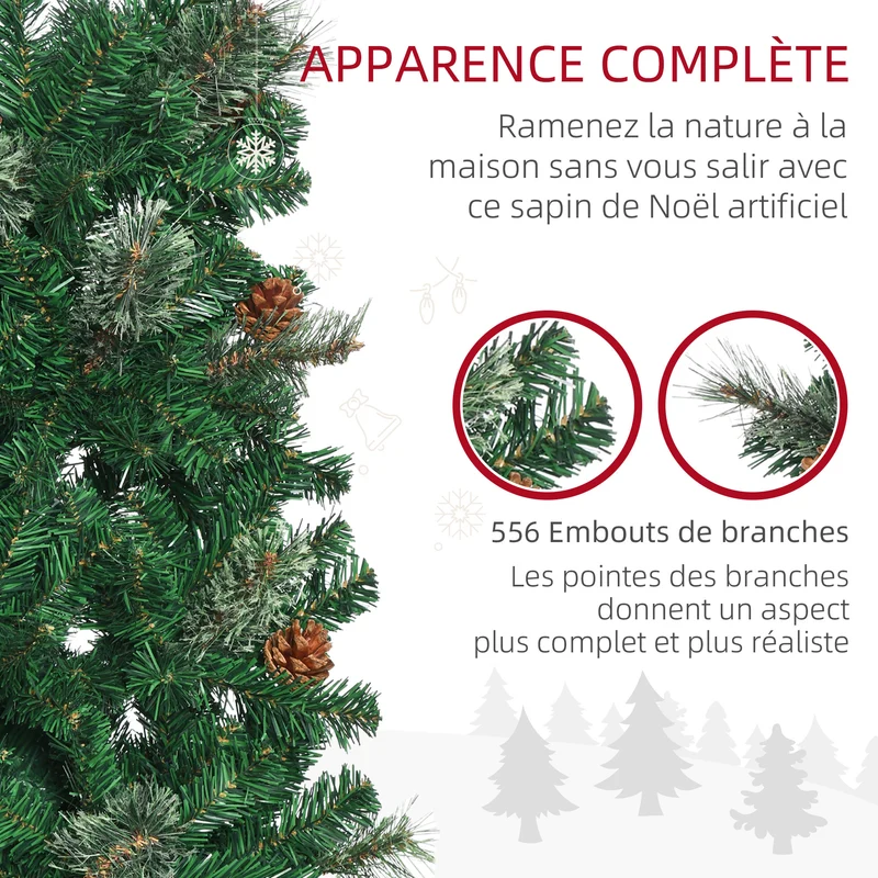 Sapin de noël artificiel conique salon 54 x 54 x 195 cm 556 branches pied pliable ambiance cosy moderne en PVC vert 21_0001247