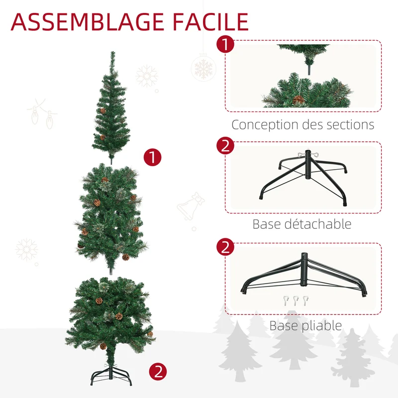 Sapin de noël artificiel conique salon 54 x 54 x 195 cm 556 branches pied pliable ambiance cosy moderne en PVC vert 21_0001247