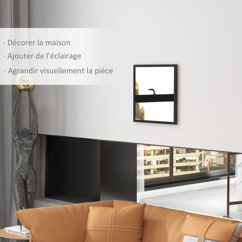 Miroir mural carré 50 x 50 cm illumine agrandit visuellement pose horizontale ou verticale moderne épuré en MDF noir 21_0001350