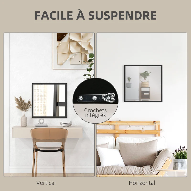 Miroir mural carré 50 x 50 cm illumine agrandit visuellement pose horizontale ou verticale moderne épuré en MDF noir 21_0001350