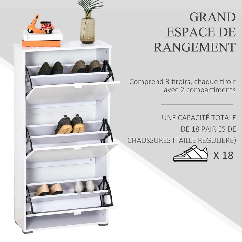 Meuble à chaussures entrée 60 x 26 x 124 cm 3 portes abattantes rangement pratique contemporain plateau en MDF blanc 21_0002598