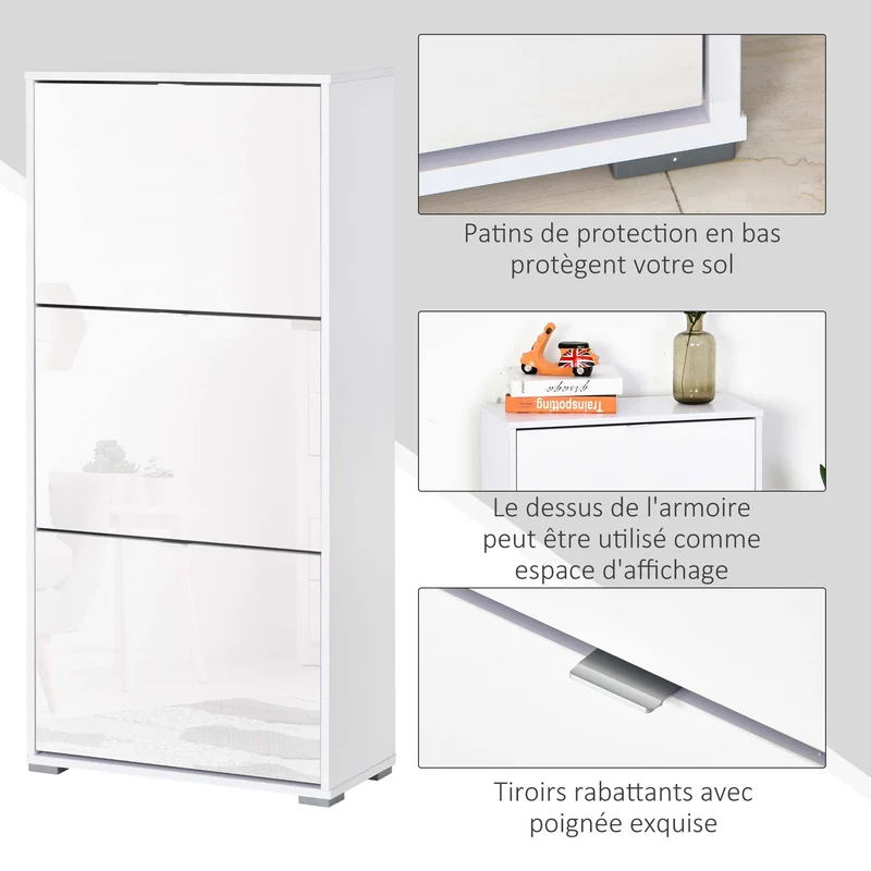 Meuble à chaussures entrée 60 x 26 x 124 cm 3 portes abattantes rangement pratique contemporain plateau en MDF blanc 21_0002598