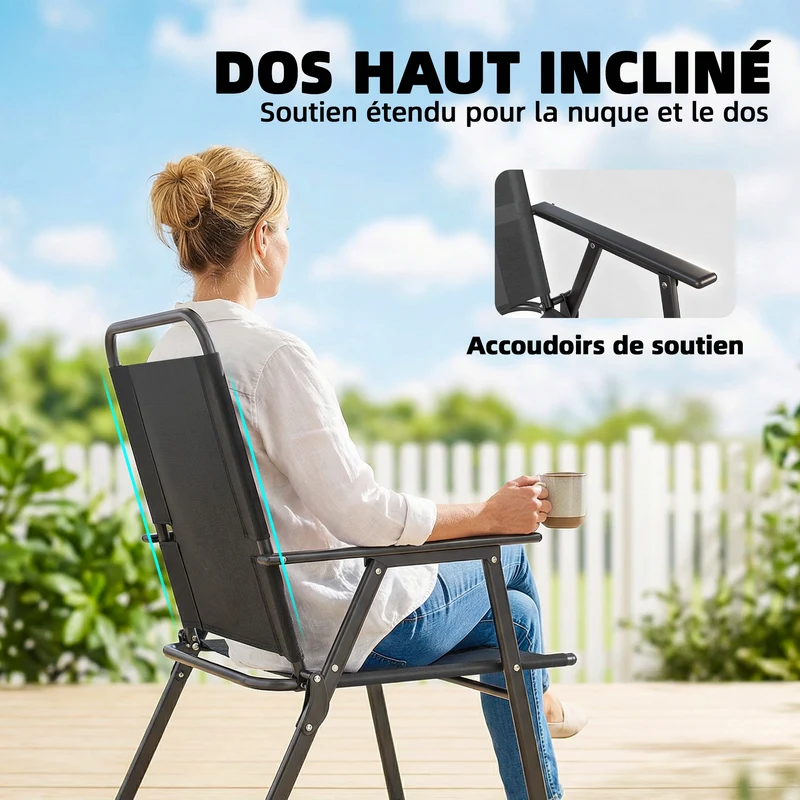 Lot de 4 chaises de jardin pliantes 65 x 60 x 94 cm assise large dossier haut extérieur moderne épuré en textilène noir 21_0005766