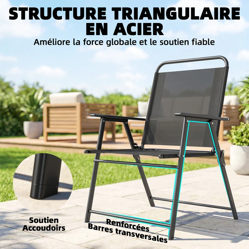 Lot de 4 chaises de jardin pliantes 65 x 60 x 94 cm assise large dossier haut extérieur moderne épuré en textilène noir 21_0005766