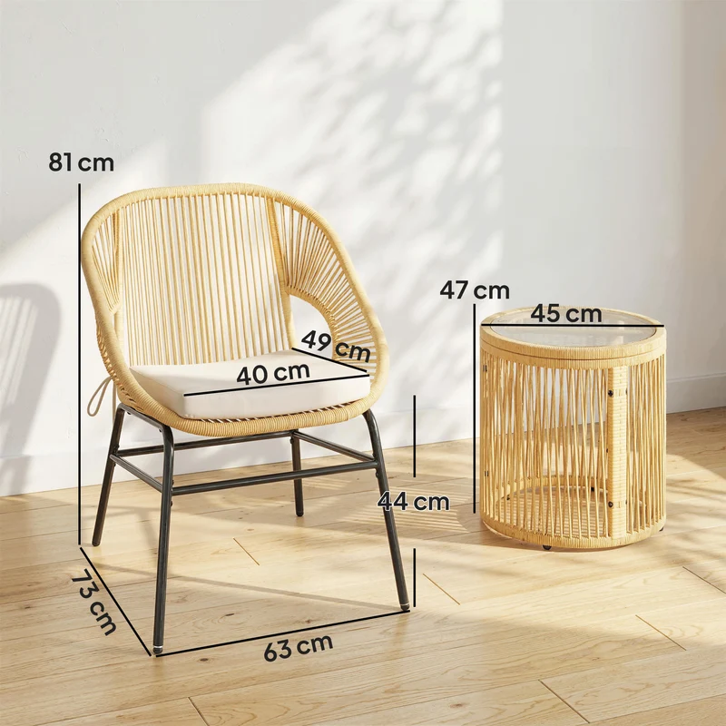 Lot de 3 ensemble bistro balcon 63 x 73 x 81 cm coussins déhoussables pieds réglables design en résine tressée beige 21_0006021
