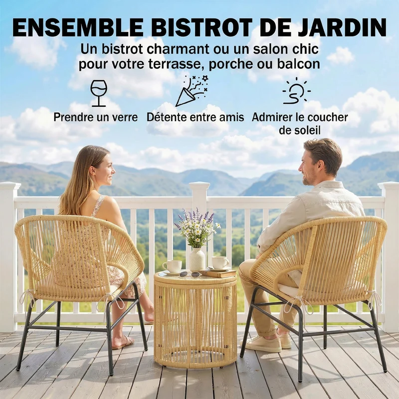 Lot de 3 ensemble bistro balcon 63 x 73 x 81 cm coussins déhoussables pieds réglables design en résine tressée beige 21_0006021