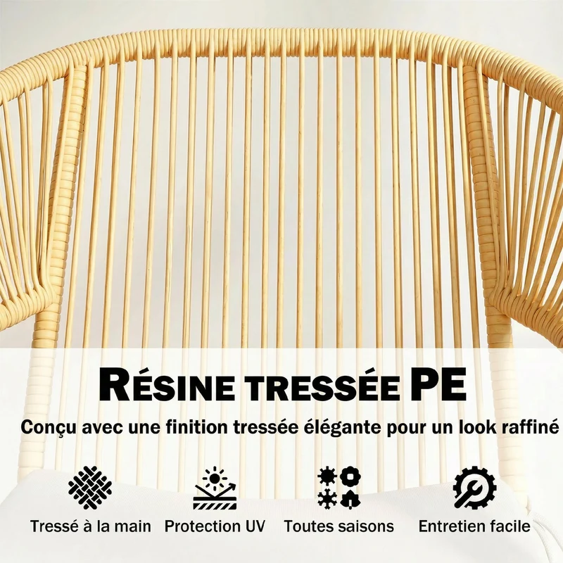 Lot de 3 ensemble bistro balcon 63 x 73 x 81 cm coussins déhoussables pieds réglables design en résine tressée beige 21_0006021