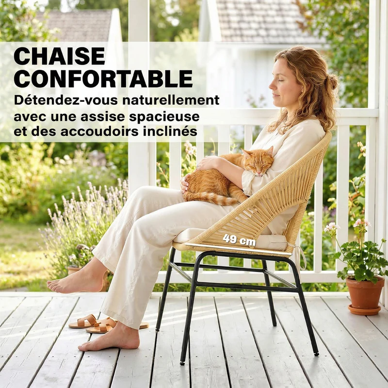 Lot de 3 ensemble bistro balcon 63 x 73 x 81 cm coussins déhoussables pieds réglables design en résine tressée beige 21_0006021
