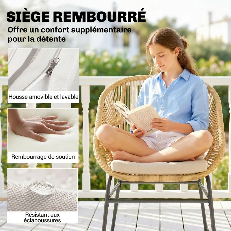 Lot de 3 ensemble bistro balcon 63 x 73 x 81 cm coussins déhoussables pieds réglables design en résine tressée beige 21_0006021